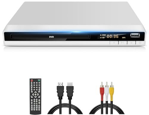 DVD Player für Fernseher, Regionsfrei DVD Spieler mit HDMI AV Ausgang Kabel Enthalten, 1080P DVD-CD-Player mit USB Eingang, Alle Regionen Frei, Fehler Korrektur, Integriertes PAL NTSC-System (Weiß)