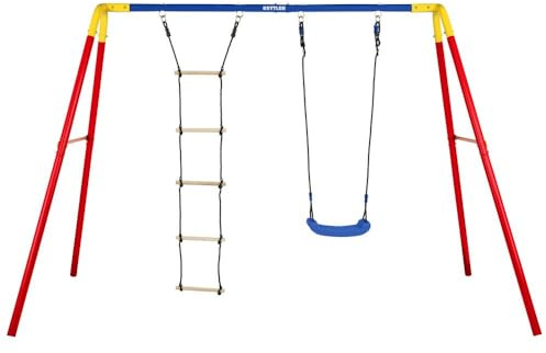 KETTLER Doppelschaukel Combi Outdoor | Schaukelgerüst inklusive Schaukelsitz, Leiter, Bodenanker | 100kg belastbar | Stabiles und wetterfestes Metallgerüst I Kinder ab 3 Jahren (Rot)