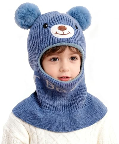 AYPOW Gorro Invierno Niño y Niña, 3 En 1 Gorro Bebé de Punto Pasamontañas niño Doble Pompón Lindos Sombrero de Forro Polar Bufanda con Capucha Lana Balaclava para Esquí Ciclismo al Aire Libre