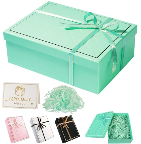 TAIXING 2026 New Gift Box, Textured Gift Boxes for Presents with Ribbon Shred Raffia Greeting Card, 25x18x8.5 cm Gift Boxes with Lids for Valentines Day Christmas Birthdays Anniversaries(Mint Green)
