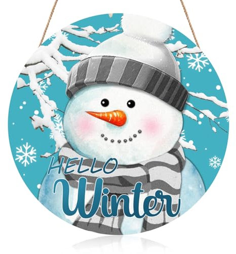 Christmas Signs for Wreaths hanging Snowman Wreath, Hello Winter Snowman Door Decorations Gifts, Xmas Welcome Blue Sign Outdoor Winter Decorations, Christmas wooden interior and exterior decor