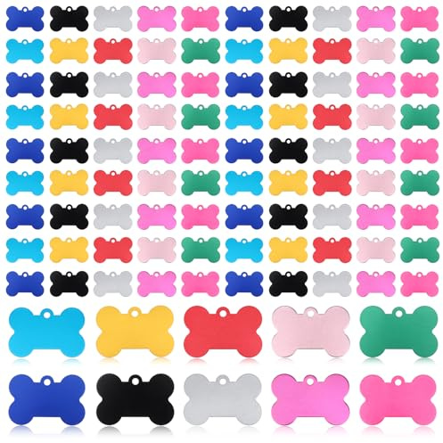 100 Pcs Blank Dog Tags for Engraving 38mm Pet ID Tags Aluminum Bone Shape Name Tag Colorful Double Stamping Dog Cat Phone Number Tag Collar Pendants with Hole