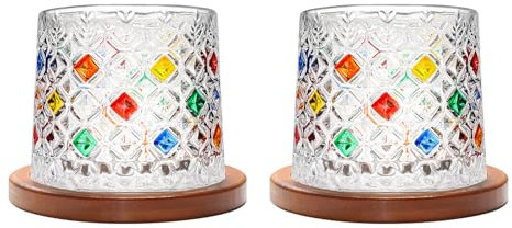 Uten Calice da Acqua Rotante, 275 ML/10 OZ Bicchiere Whisky Cristallo, Sottobicchiere in Bambù, Sensazione Spessa, Coppa da Rum Vetro Latte, Relax e Decompressione, 2 Bicchiere