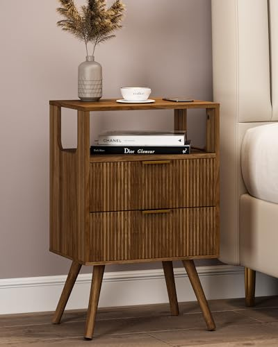 Leomonio Walnut Nightstand, Fluted Night Stand with 2 Drawer and Open Shelf