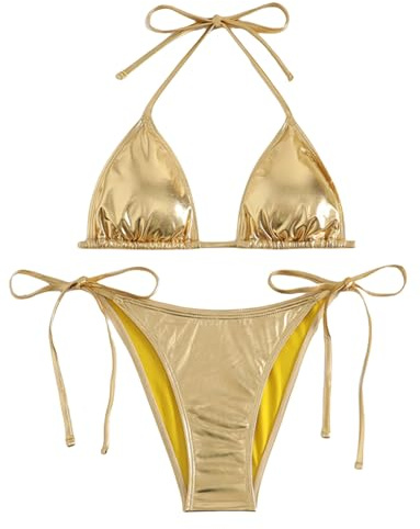 Bikini Or Femme Deux Pièces Métallique Haut Triangle à Lacets Bas à Nouer sur Les Côtés Tenue Maillot de Bain