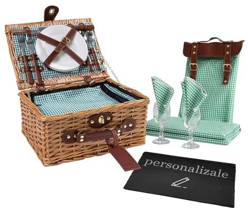 eGenuss Cesta de Picnic Personalizada para 2 Personas, Cesta de Mimbre con Compartimento térmico, Manta, Tabla de Pizarra, Bolsa, servilletas – Cerámica, Vidrio, Acero INOX | Azul