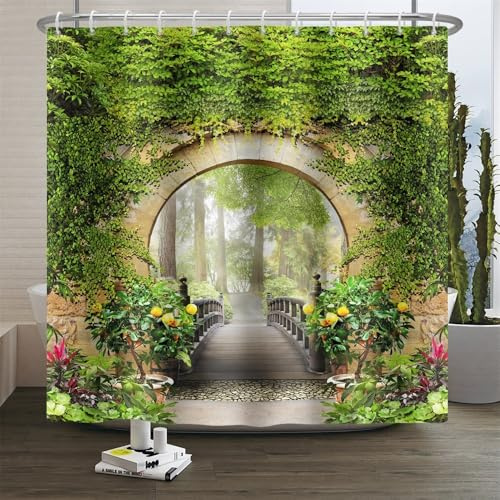 Xiaoterna Garden Shower Curtain 3D Spring Landscape Green Leaves Archway Wooden Bridge Waterproof Bathroom Curtains Retro Outdoor Park Scenery Forest Mildew Resistant Farmhouse Decoration 240x180cm
