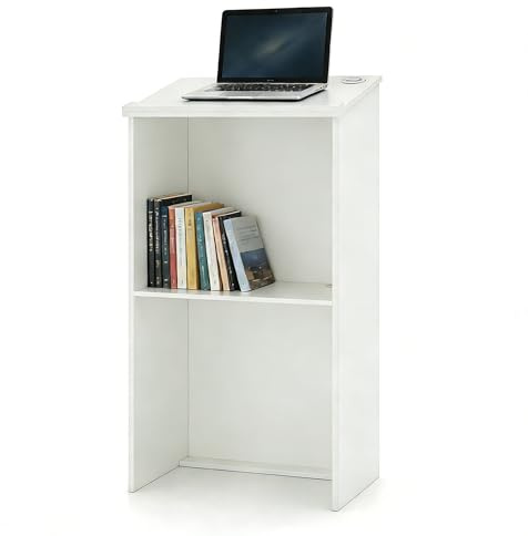 LIFEZEAL Leggio, Podio, Pulpito per Conferenze, Tavolo per Presentazioni, Scrivania per Discorsi Pubblici, Porta PC, Piano Inclinato, Ripiano Nascosto, per Chiesa, Aula, Legno, 58x40x116,5cm, Bianco