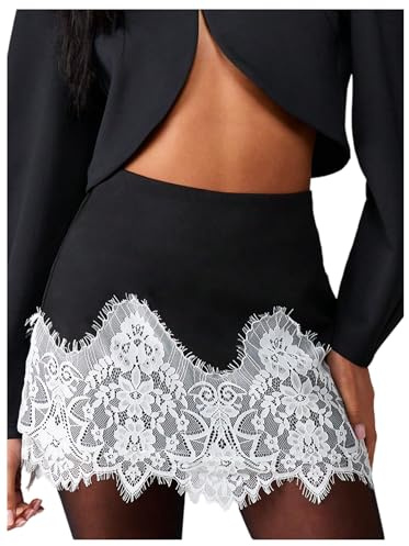 Milumia Women's Lace Trim Mini Skirt High Waisted Asymmetrical Hem Going Out Elegant Suit Skirt Black and White Large