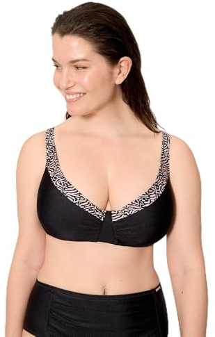 YSABEL MORA. Top Bikini Reductor Estampado con Brillo Negro Copa E. con Aro y Sin Relleno. Tirantes Regulables y Multiposición. Colección Coast.