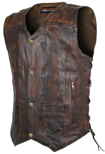High Mileage Men's Distressed Vintage Brown Premium Cowhide Ten Pocket Leather Motorcycle Vest (2X-Large, Vintage Brown)