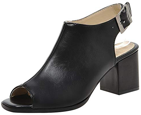 Jamron Women's PU Fashion Peep Toe Slingback Pumps Open Back Block Heel Ankle Strap Sandals Booties Black SN020422 UK6