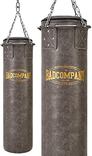 Bad Company Vintage Boxsack inkl. Heavy Duty Vierpunkt-Stahlkette und Metallring I Kunstleder Punching Bag ungefüllt 150 x 35 cm