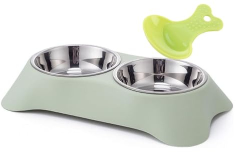 Double Dog Bowl,Non Slip Non-spill Stainless Steel Double Bowl with 1 Pet Food Spoop For Small Dogs and Cats (S, Green)