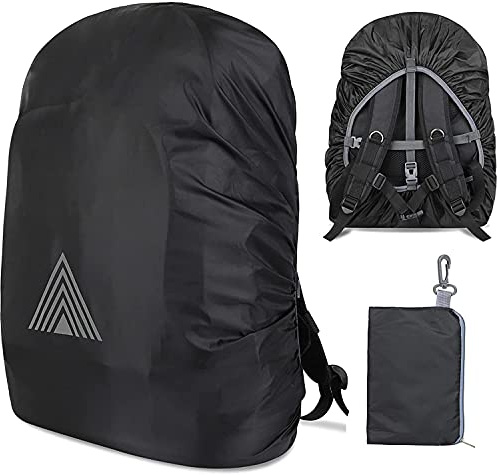 Waterproof Backpack Rain Cover (15-75L), Reflective Rucksack Cover, Adjustable Rucksack Rain Cover, Foldable Rainproof Dustproof Backpack Protector for Hiking, Camping, Cycling (L: 55-65L),Black