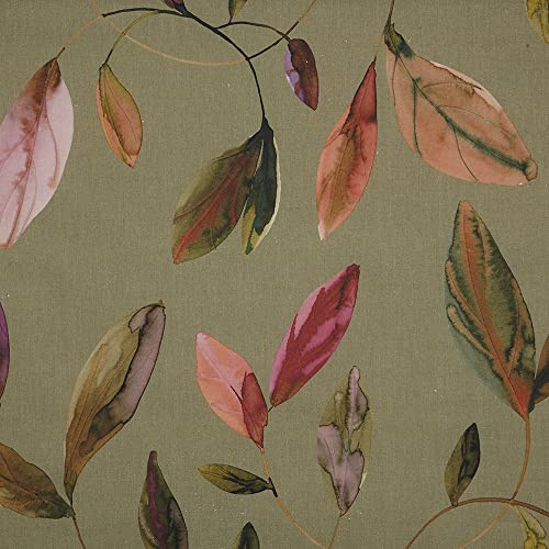 Kt KILOtela Tessuto Arredo Mezzo Panama, Cotone Biologico, Decorazione, Rivestire, Cuscini, Copriletti, Tovaglie, Artigianato, 100 cm Lunghezza x 280 cm Altezza, Foglie, Eolias, Verde, Rosa ─ 1 Metro