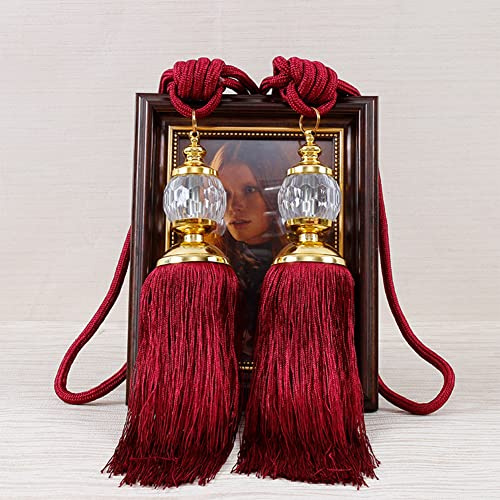 ZYWUOY Fermatenda per tende in corda con nappa e perline di cristallo, Decorativo, Rosso, Poliestere, Plastica