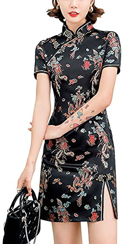 Cheongsam Costume a maniche corte con spacco laterale stampa floreale colletto alla coreana vintage cinese da sera mini abito aderente da cocktail, 146-4-nero, M