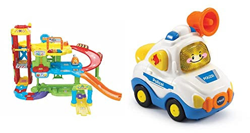 Vtech TUT TUT Baby Flitzer - Parkgarage, Bunt, 66.6 x 75.3 x 45.1 cm & TUT TUT Baby Flitzer - Polizei – Spielzeugauto mit Musik, aufleuchtender Taste, spannenden Sätzen und Geräuschen