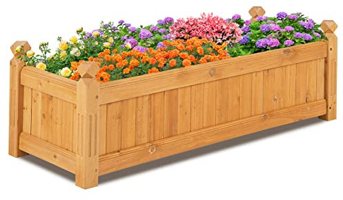 COSTWAY Wooden Garden Planter, Rectangular Trough Box Flower Pot with Drainage Holes, Herb Vegetables Plant Flower Container for Indoor Outdoor Backyard Patio Balcony (110 x 40 x 35cm)