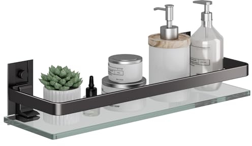 Danpoo Étagères de Salle de Bain murales en Verre trempé Noir avec Rail en Aluminium, étagères de Rangement de Salle de Bain, Noir