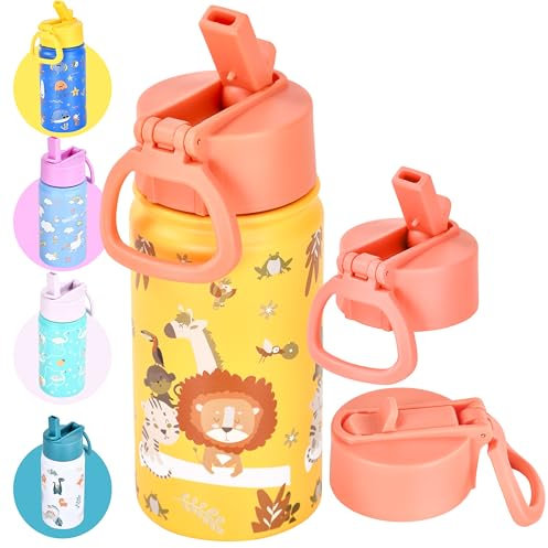 Hydrate Bottles Trinkflasche Kinder Edelstahl - Tierdruck Mit Orangefarbenem Deckel - Kinder Trinkflasche Aus Edelstahl - Einhã¤ndige Bedienung - Schule Und Sport - Wasserflasche Kinder - 350ml