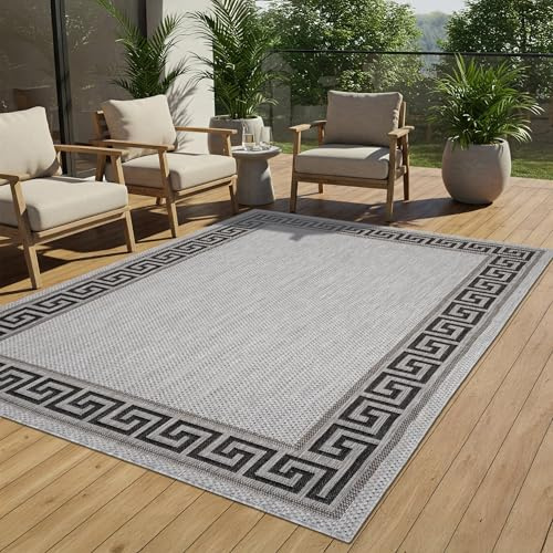 TAPISO Melissa Teppich Outdoor Grau Schwarz Griechisch Flachgewebe Indoor Wohnzimmer Küche Flur Balkon Terrasse Sisal Wetterfest ÖKO-TEX 80 x 200 cm