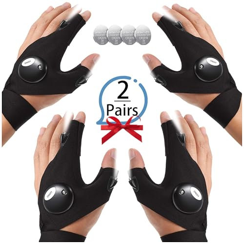 2 Pares de Guantes con Luz LED – Pesca, Camping, Reparaciones – Regalo Original para Hombres – Manos Libres con Linterna – Baterías Incluidas