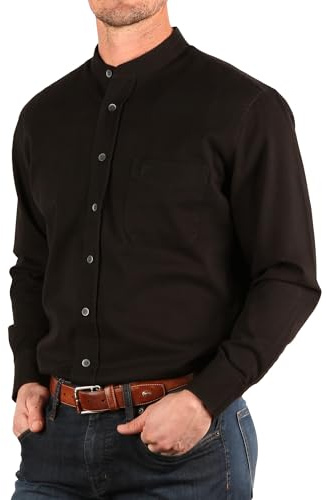 Traditional Irish Grandfather Shirt, Men's Casual Long Sleeve Button Down Collarless Dress Shirt (Black, L)