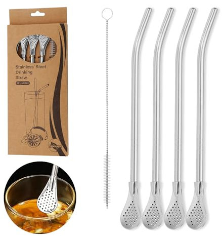 4 Pezzi Cannucce Riutilizzabili In Acciaio 304 Inossidabile, Cucchiai Di Cannuccia In Acciaio Inossidabile, Metal Cannucce, con cucchiaio filtrante, spazzole, per cocktail, latte, frullato, Bevande.