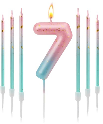 7 Piezas Velas Cumpleaños Originales Degradado Azul Rosa, 3D Velas de Cumpleaños con Números para Tartas y Aniversarios, Vela 7 Años