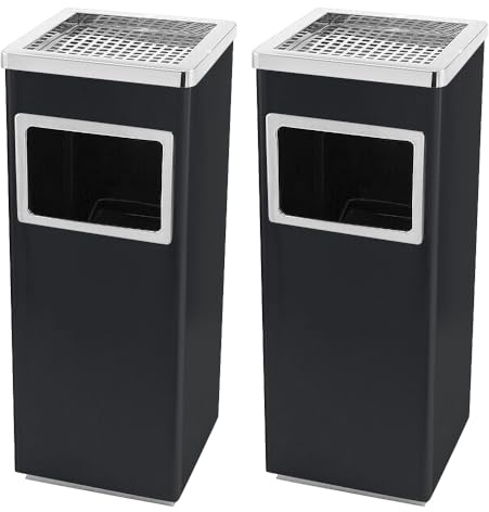 HUOLE 2 In 1 Da Terra In Acciaio Inox Per Esterno Con Gettacarte Rotondo O Rettangolare Con Secchio Cestino Professionale Gettacarte Spazzatura Casa Ufficio (24 * 24 * 60 cm 35 L - Nero (2 pezzi))