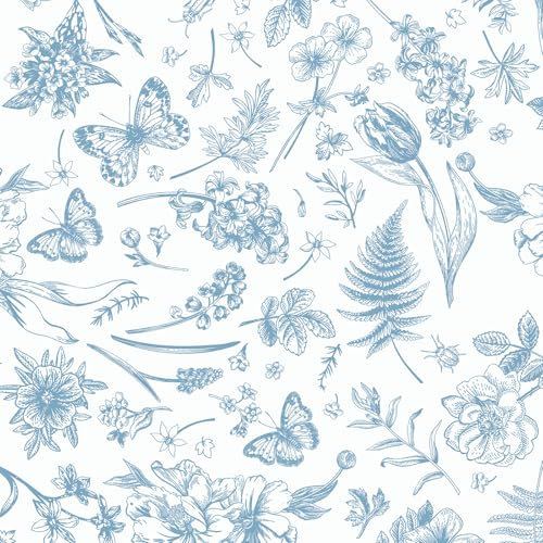 LiKiLiKi Film adhésif pour meubles - Papier peint à fleurs bleu et blanc - 44 x 300 cm - Motif feuilles, fleurs et papillons - Imperméable - Pour salon, meubles, cuisine