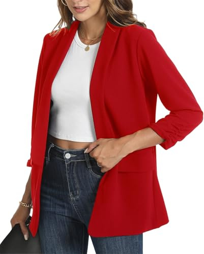 YOUNIFIZ Giacche da donna casual increspate con maniche a 3/4, aperte sul davanti, per lavoro, ufficio, giacche con tasche, Rosso, L