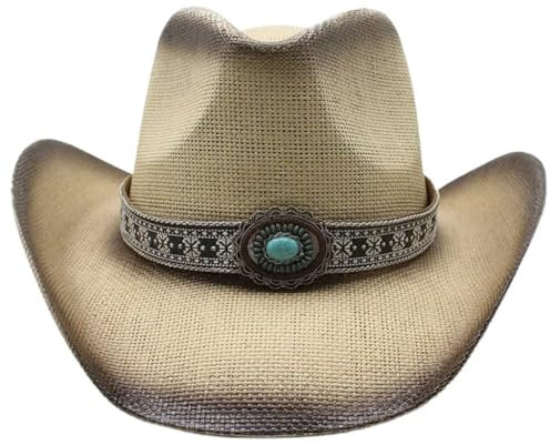 YIZITU Chapeau de paille classique en tissu à large bord - Chapeaux de cowboy occidentaux pour les vacances - Chapeau pour dîner en plein air, Riz brun, Taille unique