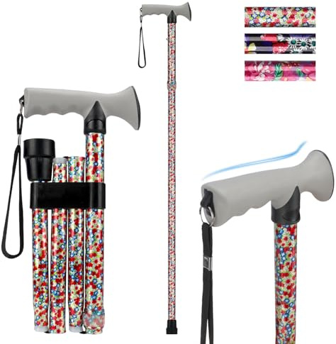 supregear Canne de Marche Pliante, Hauteur Réglable, Légère et Compacte, Pliable pour Voyage avec Poignée Souple, Aide à la Marche pour Personnes Âgées et Handicapées, Fleurs Denses Blanches