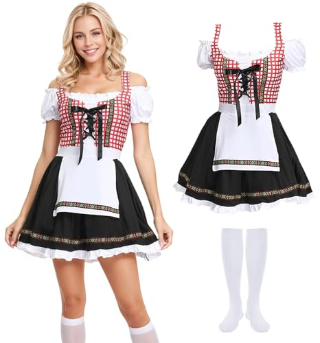 Raveparty Oktoberfest Dress, Dirndl Dress Women, Bavarian Costume Women, Oktoberfest Outfit Womens for Beer Festival Halloween Carnival (Red, L)