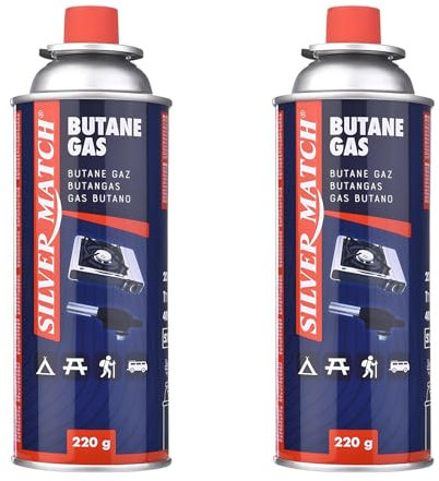 HIBRON 2 Silver Match Cartuchos de Gas Butano 220g para Hornillos y Quemadores, Compatible con CP250 y la Mayoría de Hornillos de Camping