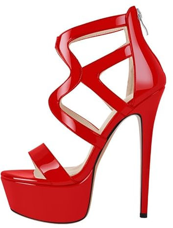 blingqueen Crisscross Strappy Heels Sandals Stiletto Heels Ankle Strap Red Platform Gladiator Sandals Zip Up Metallic Patent Leather Slingback Backless Sexy 6 Inch Heel for Women UK 6