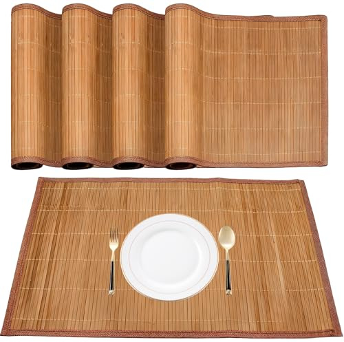 Foonary 4 manteles individuales de bambú para mesa de comedor, manteles individuales de bambú de 45 x 30 cm, resistentes al calor, lavables, enrollables, para cocina, mesa de comedor, alfombrilla de