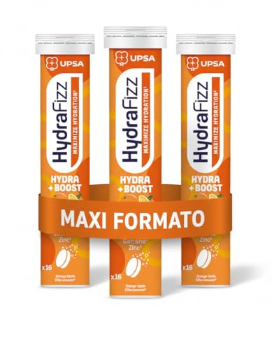 UPSA Hydrafizz Boost: 3 confezioni da 16 compresse gusto arancia. Con elettroliti, caffeina e guaranà per idratazione, energia e concentrazione. Ideale contro stanchezza e affaticamento.