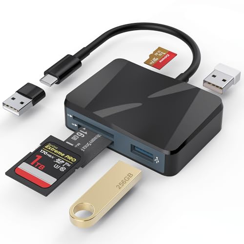 SD Card Reader, 5 in 1 USB-C & USB Card Adapter with SD/MicroSD/MS and Dual USB-A Ports Memory Card Reader for iPhone 17/16/15 Pro Max iPad MacBook Pro/Air M4/M3 Android Phone/Tablet PC (Black)