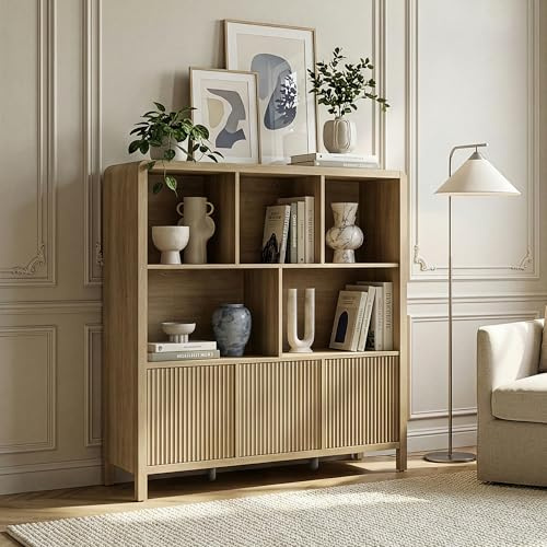 [en.casa] Aparador Alto Lukkodso con 8 Compartimentos Mueble Auxiliar con 3 Puertas Variables Rectangular Armario Multiusos 102 x 98 x 30 cm - Efecto Roble Medio Claro