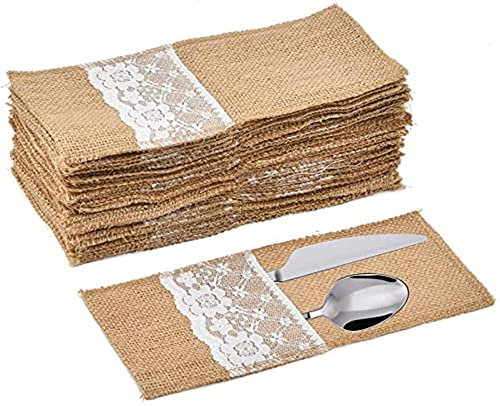 PIKOVIC PIKOVIC 30 Stück Jute-Spitzen-Besteckbeutel für Hochzeit, Vintage-Besteckhalter aus Sackleinen für Party, Hochzeit
