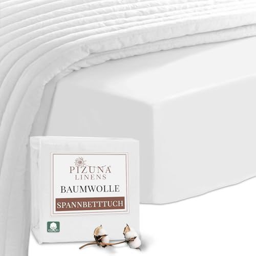 Pizuna 400 Fadenzahl Baumwolle spannbettlaken 170x200-180x200cm Weiß, 100% Langstapelige Baumwolle Spannbetttuch, Weiche Mako Satin-Webart passt bis zu 40 cm Matratzenhöhe (100% Baumwolle bettlaken)