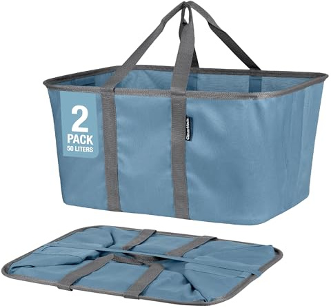 CleverMade Collapsible Laundry Tote 2-Pack (50L) – Foldable Carry-All Storage Bin for Laundry, Car Trunk, RV, Dorm & Home Organization - Denim