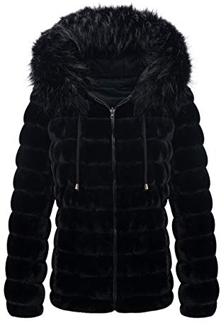 Giolshon Chaqueta Reversible de piel Sintética para Mujer, Abrigo Acolchado con Capucha Cálido de Invierno 19225 Negro XL