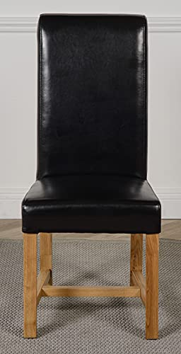 Oak Furniture King Washington Dining Chairs Set of 2 – Black Leather Upholstered Kitchen Chairs with Cushion Back & Solid Oak Legs, Modern Dining Room Seating, Fully Assembled