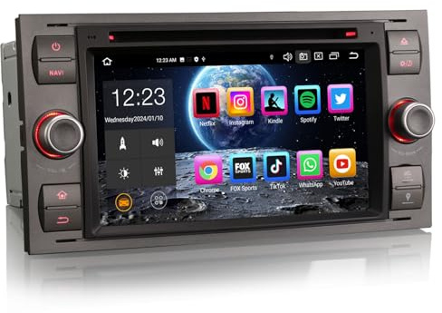 Erisin 8-Core 7 Android 14 4GB+64GB GPS Navegación DVD Estéreo de Automóvil Reproductor para Ford C/S-MAX Galaxy Kuga Focus Transit Mondeo Soporta Bluetooth 5.0 Dab+CarPlay Android Auto 4G WiFi DSP