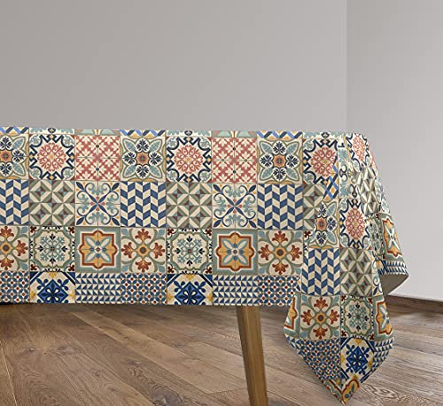 Vilber, Mantel de Tela con Estampación Digital, Confeccionado, Rectangular, Resinado, con Tratamiento Antimanchas, Impermeable, Estampado AZULEJOS. TOLEDO - R11.
